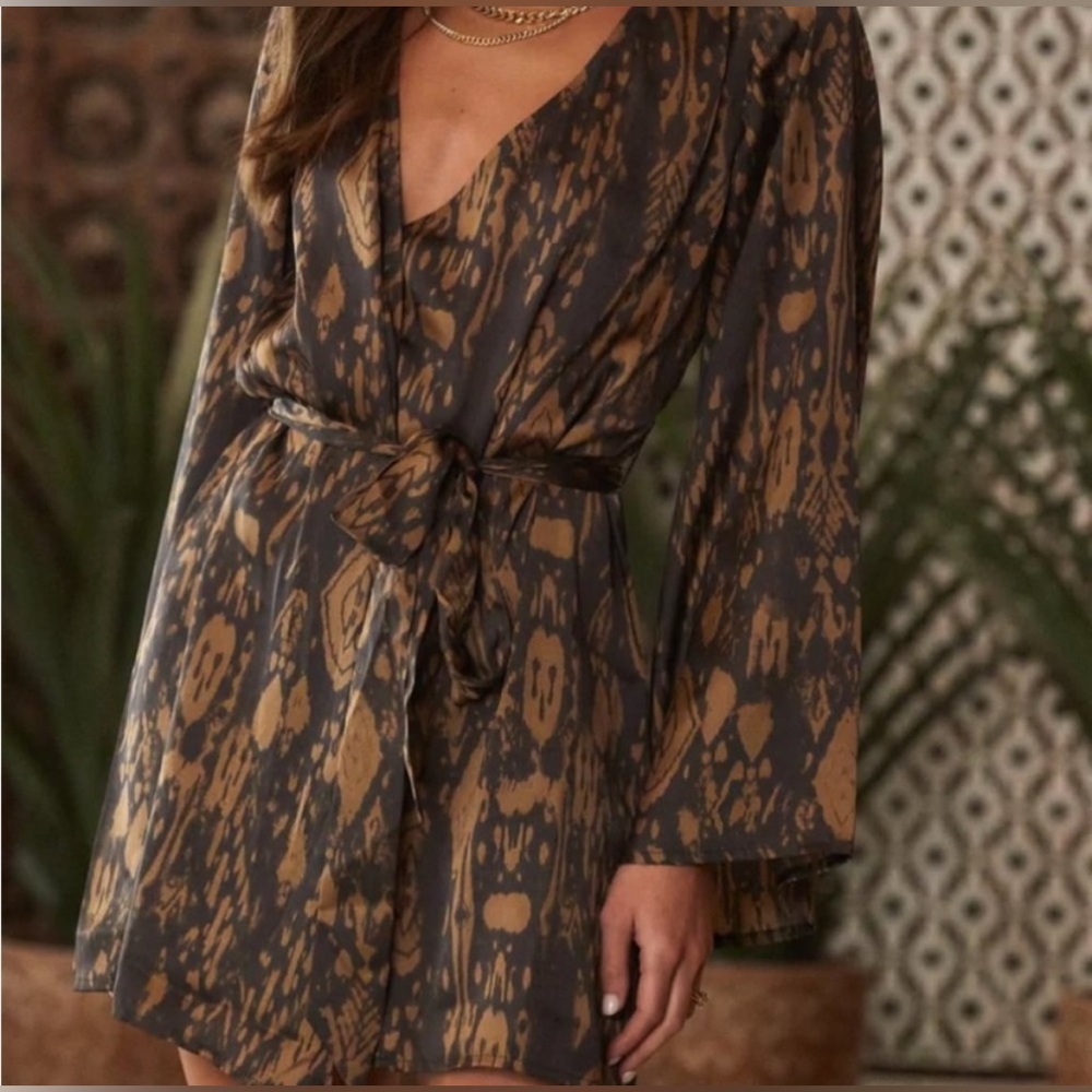 12th Tribe Long Sleeve Wrap Dress in Brown and Black Ikat Print
